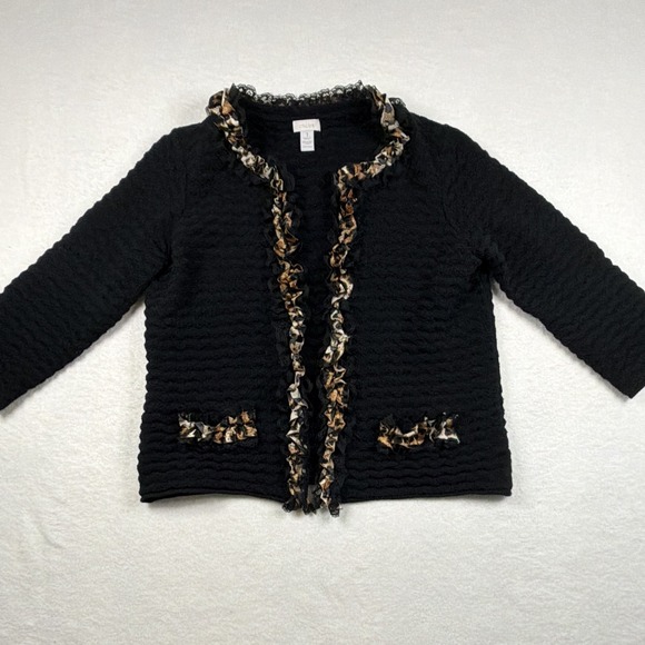 Chico's Sweaters - Chicos Black Textured Knit Jacket Leopard Print Trim Hook Eye Cardigan size 1